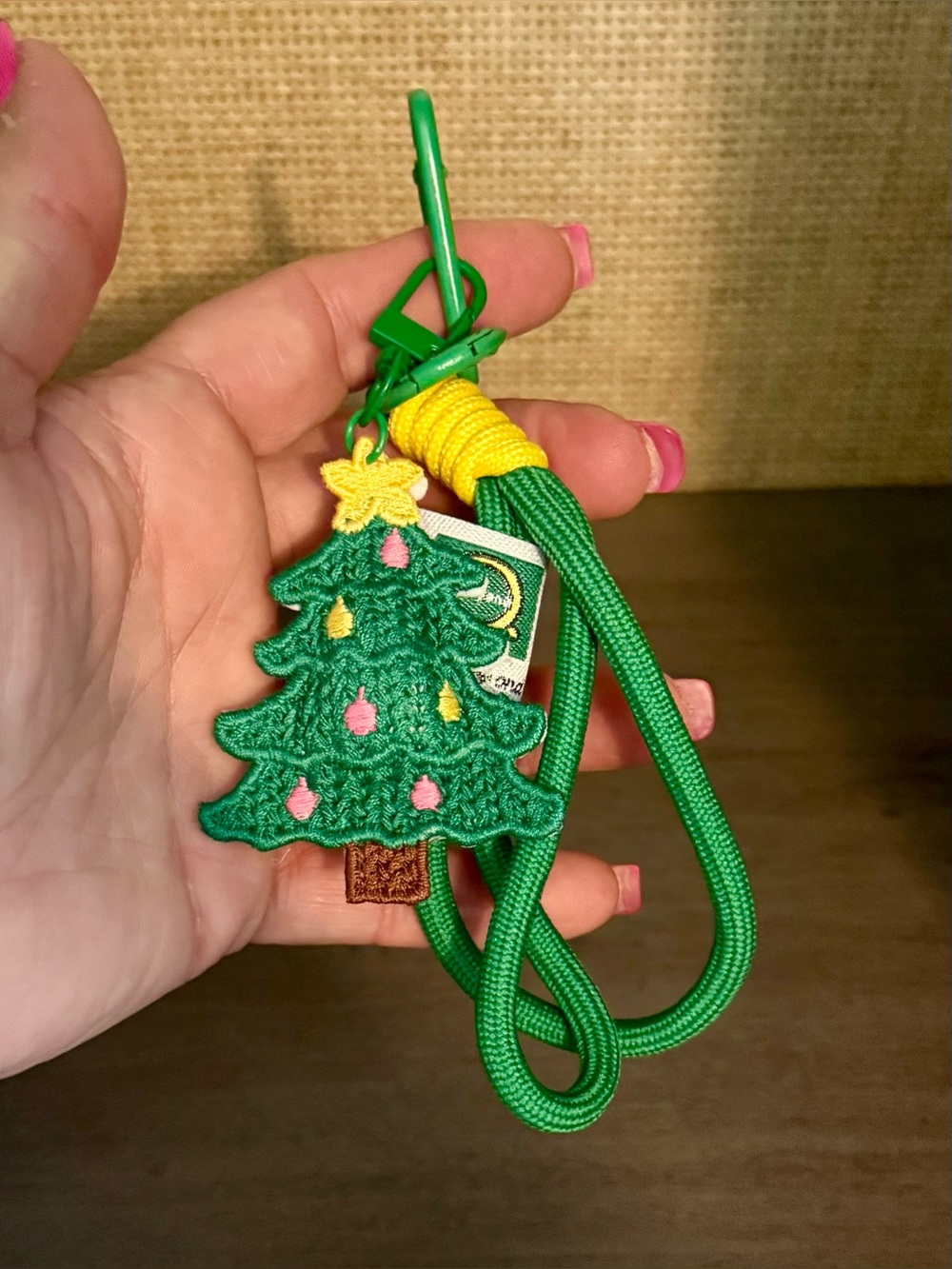 $30.00- Hand Crocheted Christmas Tree Nylon Rope Bag Charm